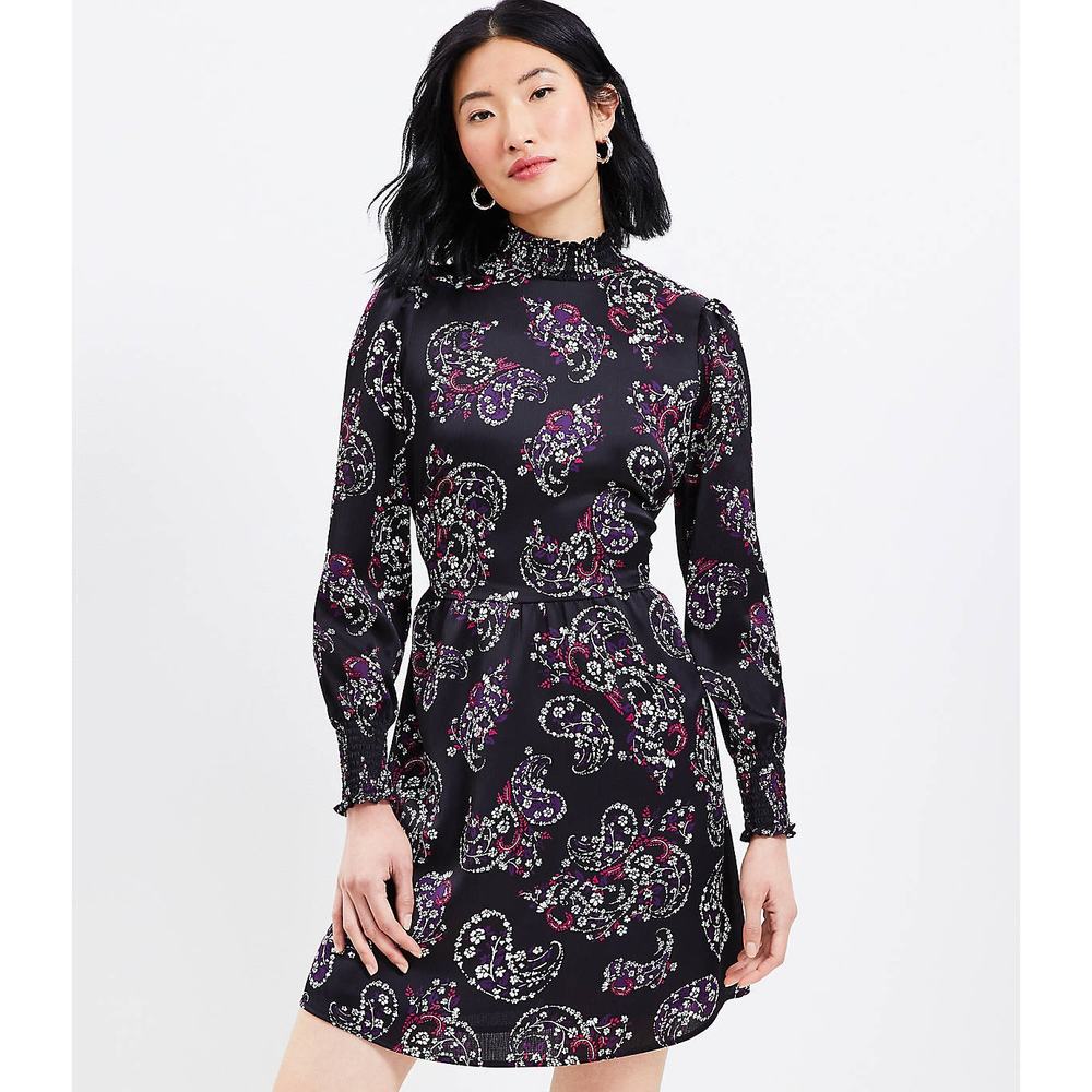 NEW Loft Womens Paisley Smocked Flare Long Sleeve Dress Size 4 Small Spring